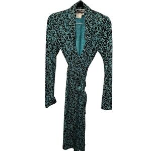 diane von furstenberg DVF signature signed 100% SILK turquoise black wrap dress